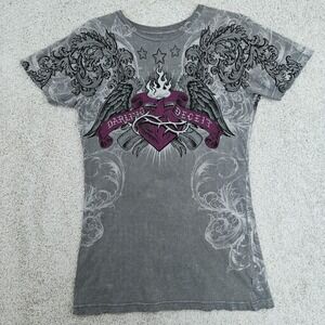 SINFUL by AFFLICTION Women's Darling Deceit Heart w/Flames T-shirt Size L Gray‎